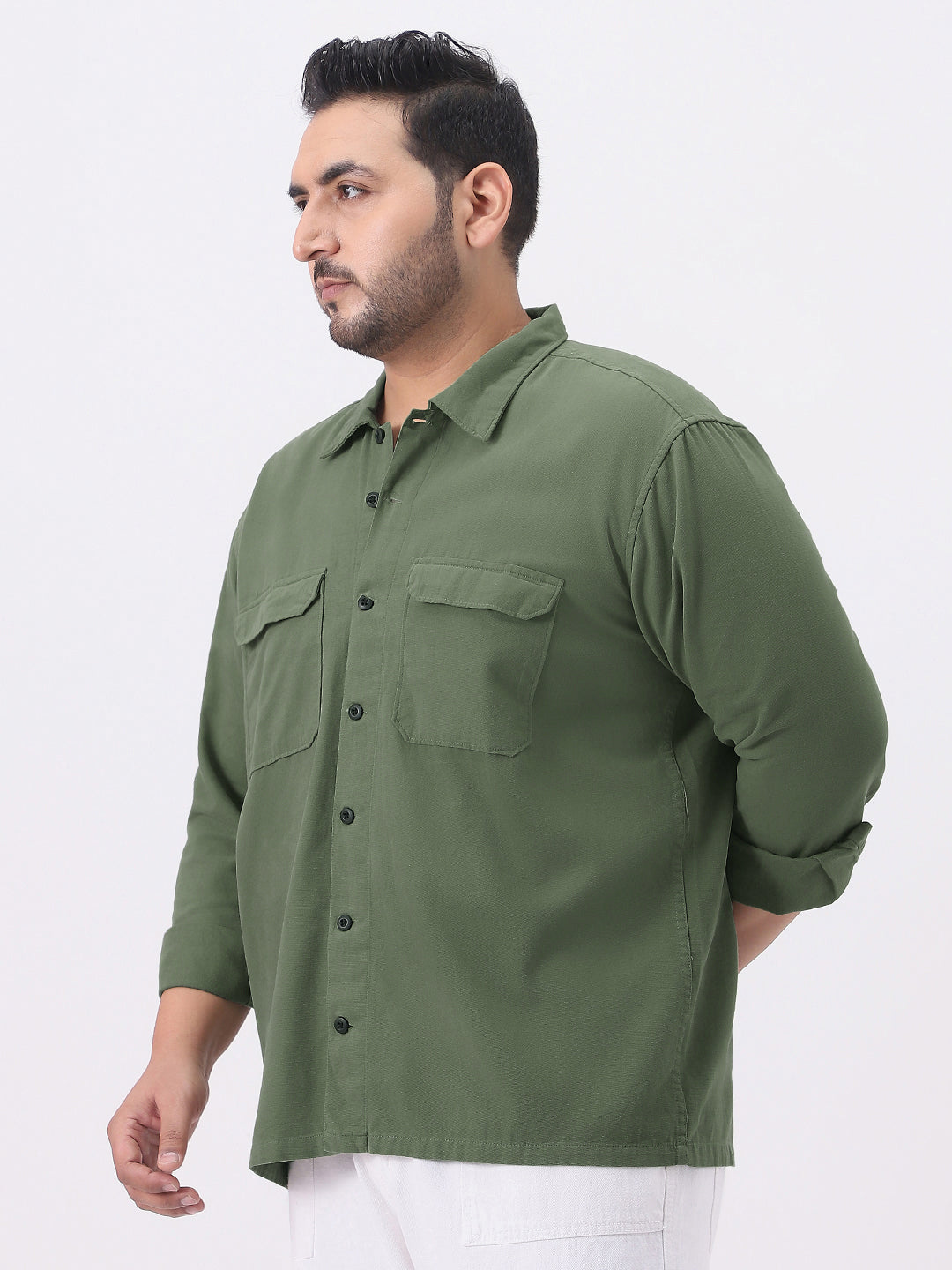 Plus Men's Green Cotton Full Sleeve Relaxed Fit Shacket with Utility Pockets
