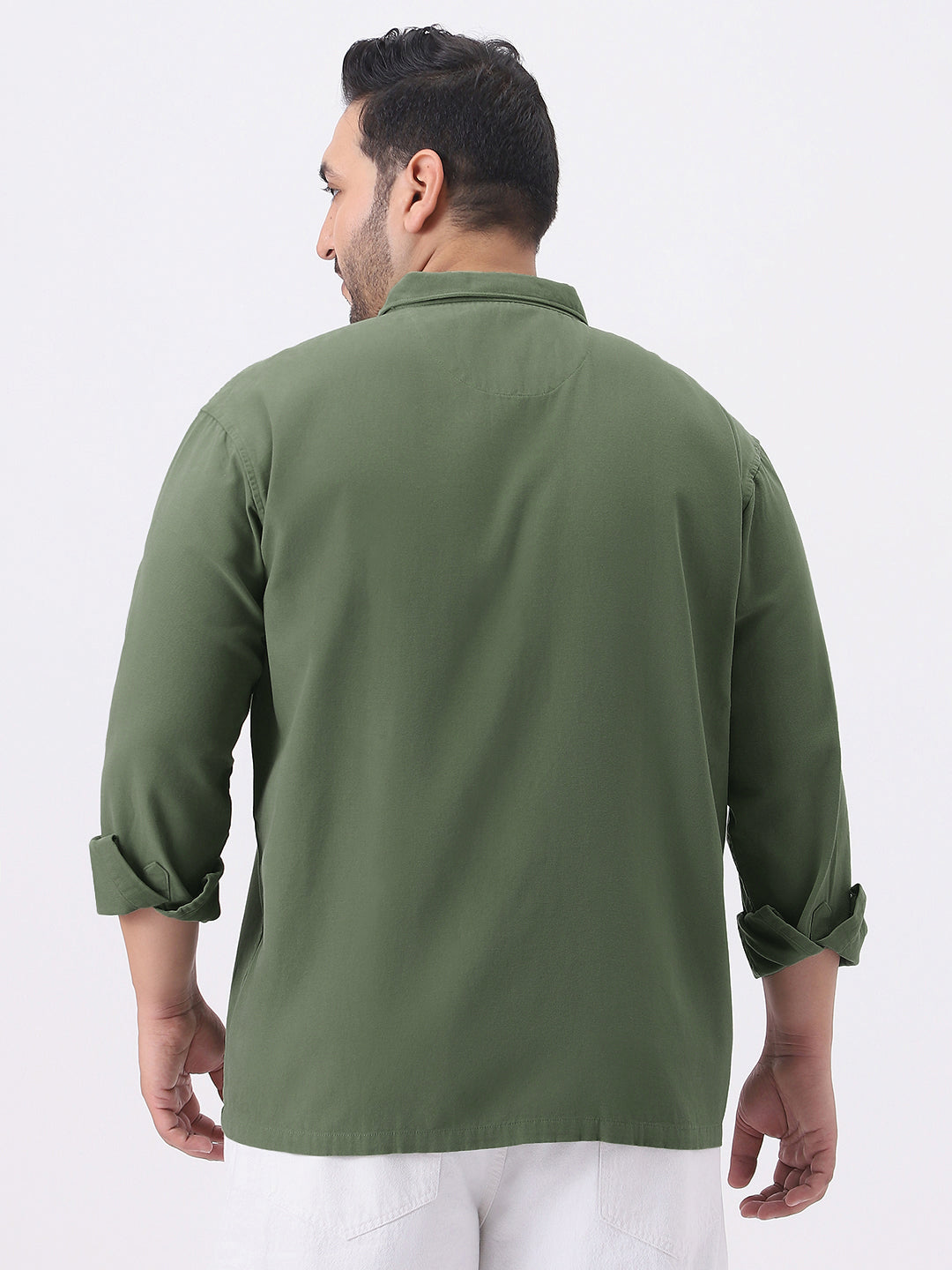 Plus Men's Green Cotton Full Sleeve Relaxed Fit Shacket with Utility Pockets