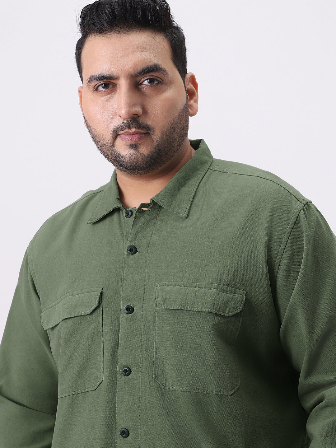 Plus Men's Green Cotton Full Sleeve Relaxed Fit Shacket with Utility Pockets