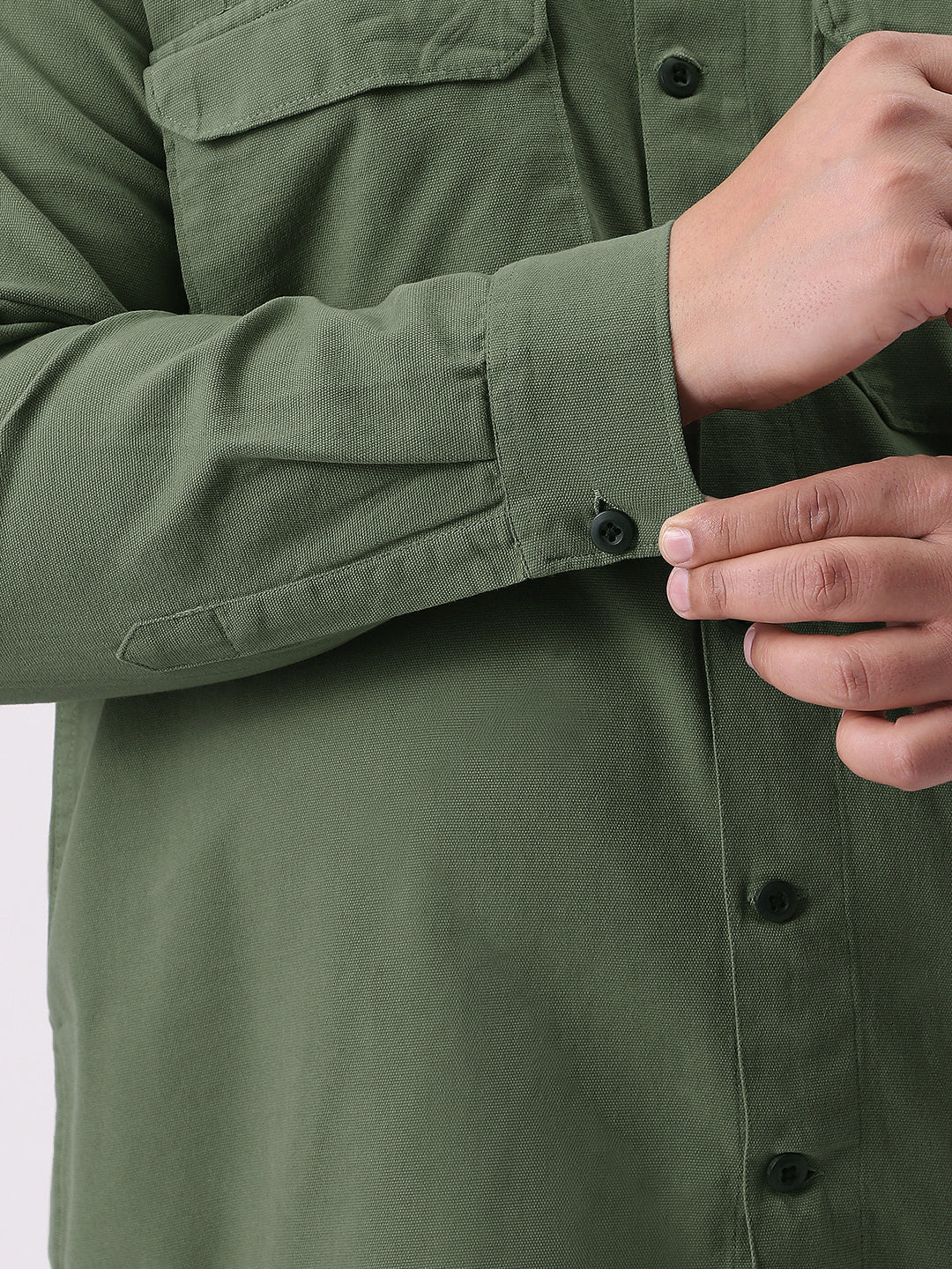 Plus Men's Green Cotton Full Sleeve Relaxed Fit Shacket with Utility Pockets