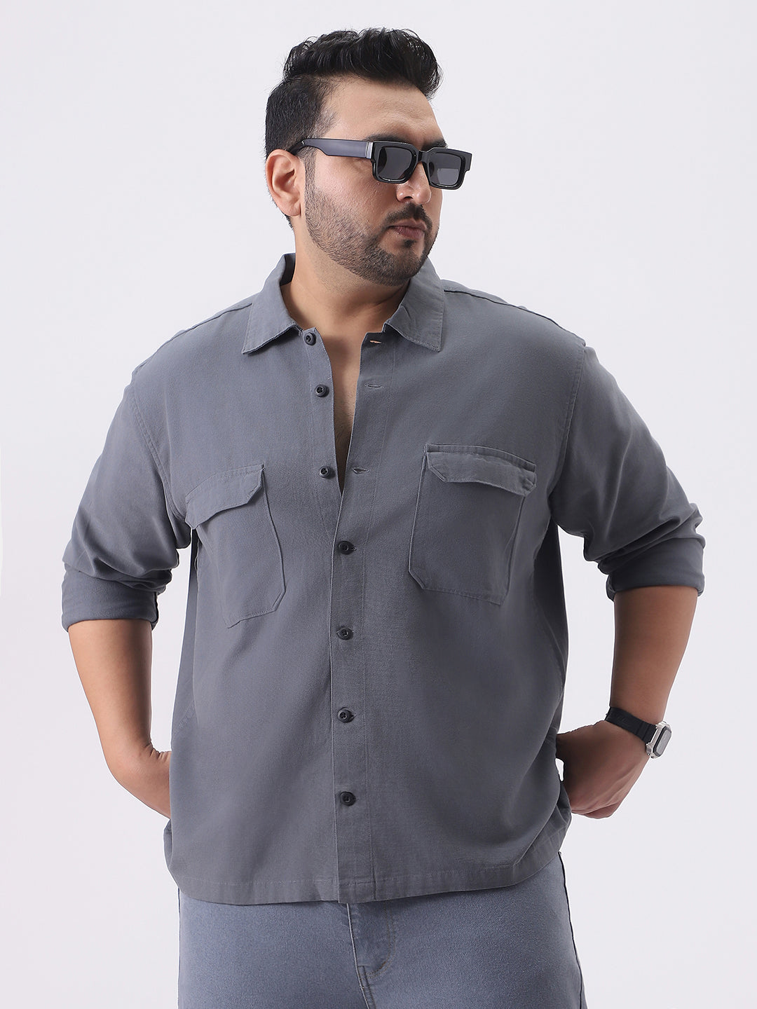 Plus Men's Grey Cotton Full Sleeve Relaxed Fit Shacket with Utility Pockets