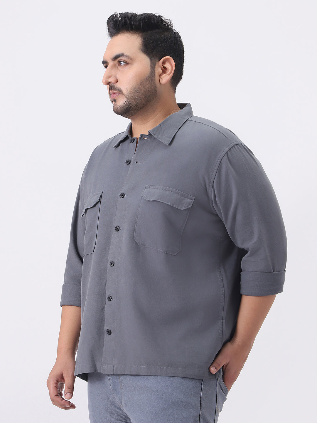 Plus Men's Grey Cotton Full Sleeve Relaxed Fit Shacket with Utility Pockets