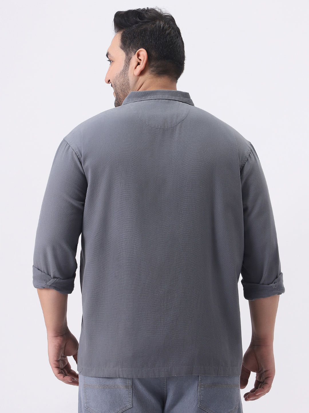 Plus Men's Grey Cotton Full Sleeve Relaxed Fit Shacket with Utility Pockets
