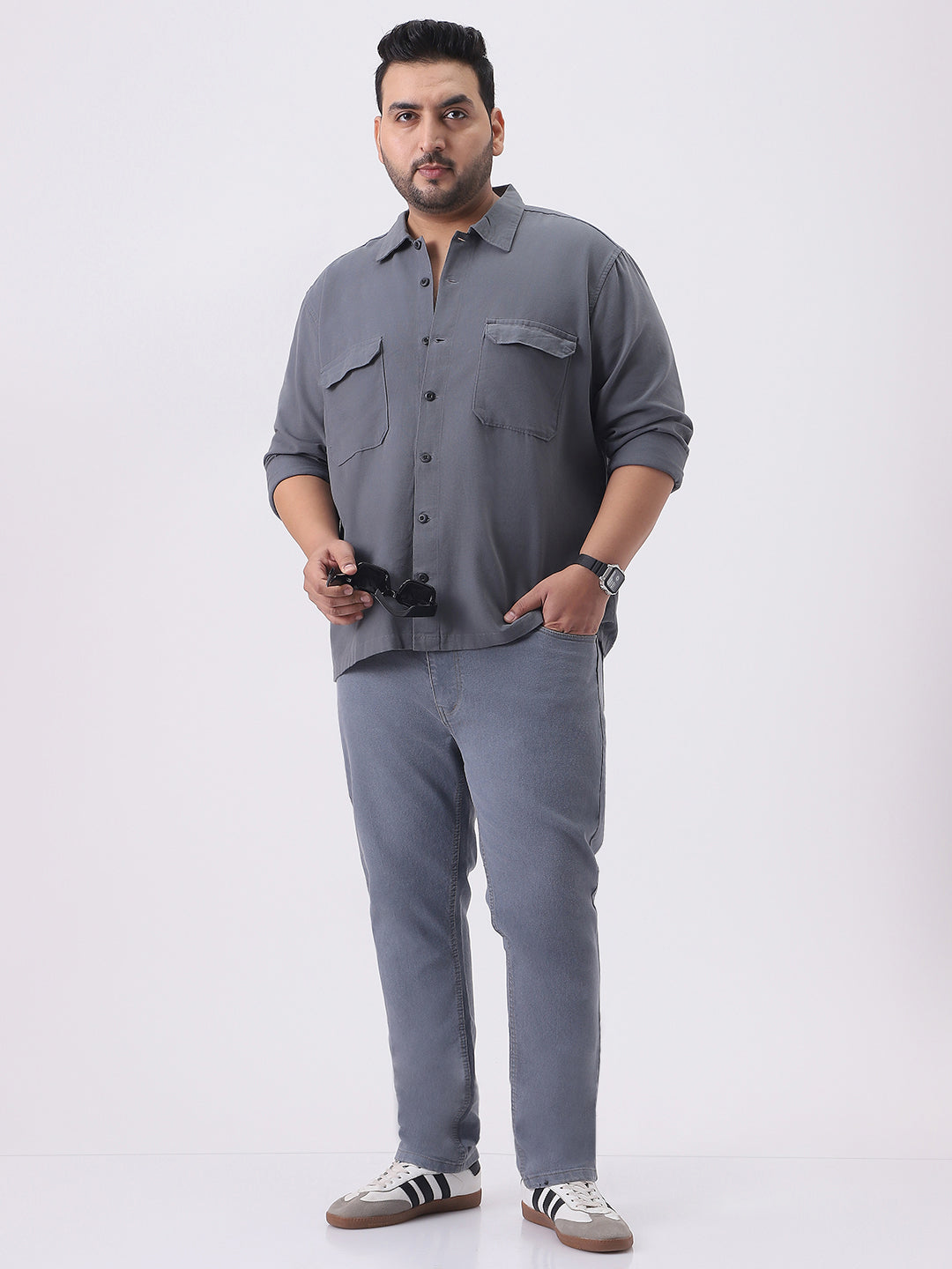 Plus Men's Grey Cotton Full Sleeve Relaxed Fit Shacket with Utility Pockets