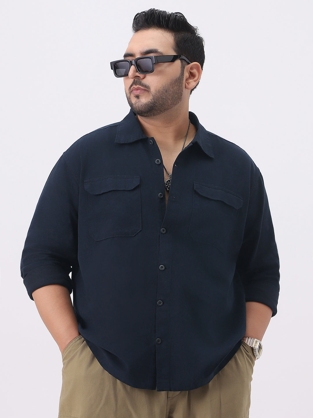 Plus Men's Navy Cotton Full Sleeve Relaxed Fit Shacket with Utility Pockets