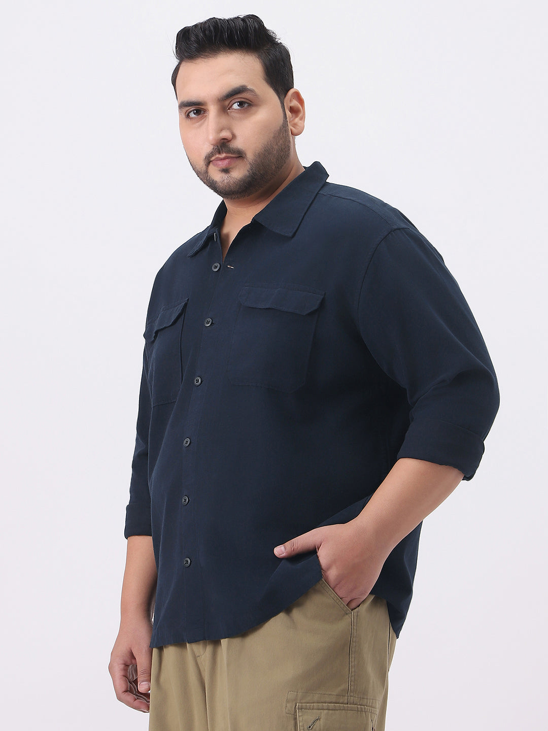Plus Men's Navy Cotton Full Sleeve Relaxed Fit Shacket with Utility Pockets