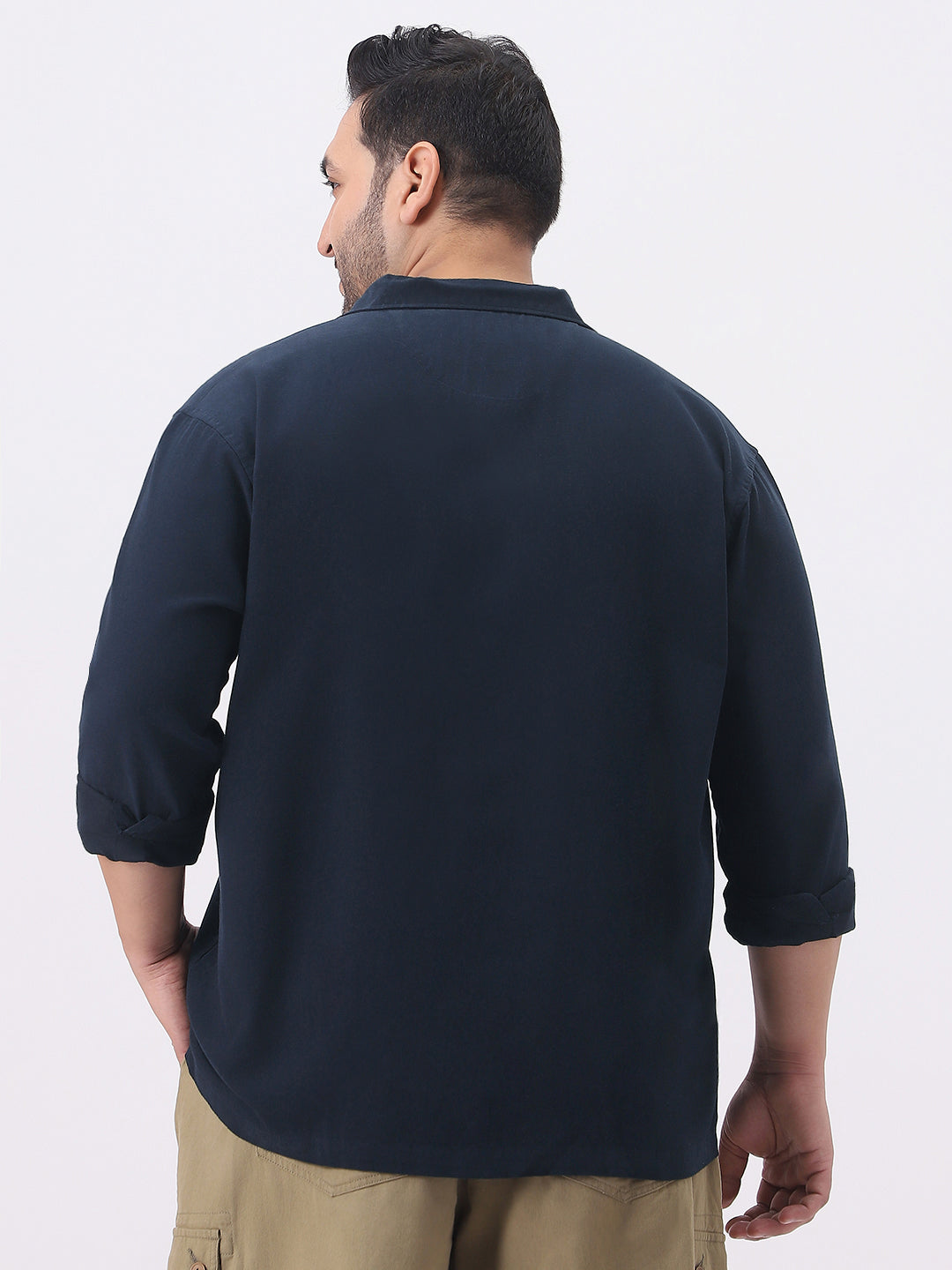 Plus Men's Navy Cotton Full Sleeve Relaxed Fit Shacket with Utility Pockets