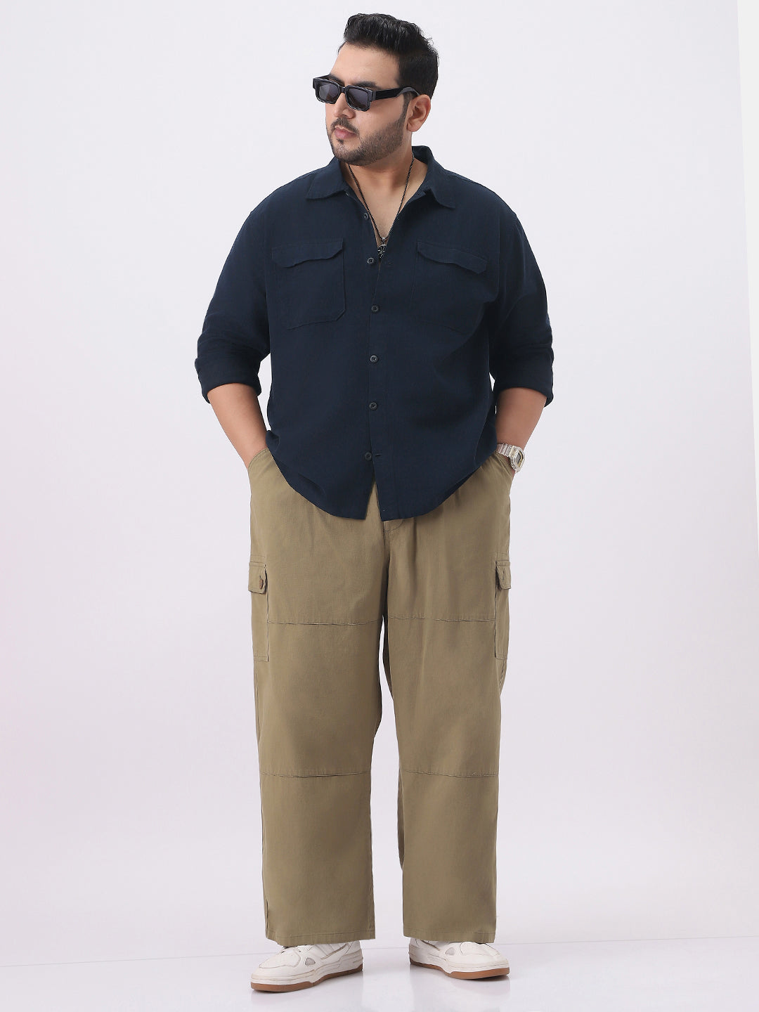 Plus Men's Navy Cotton Full Sleeve Relaxed Fit Shacket with Utility Pockets