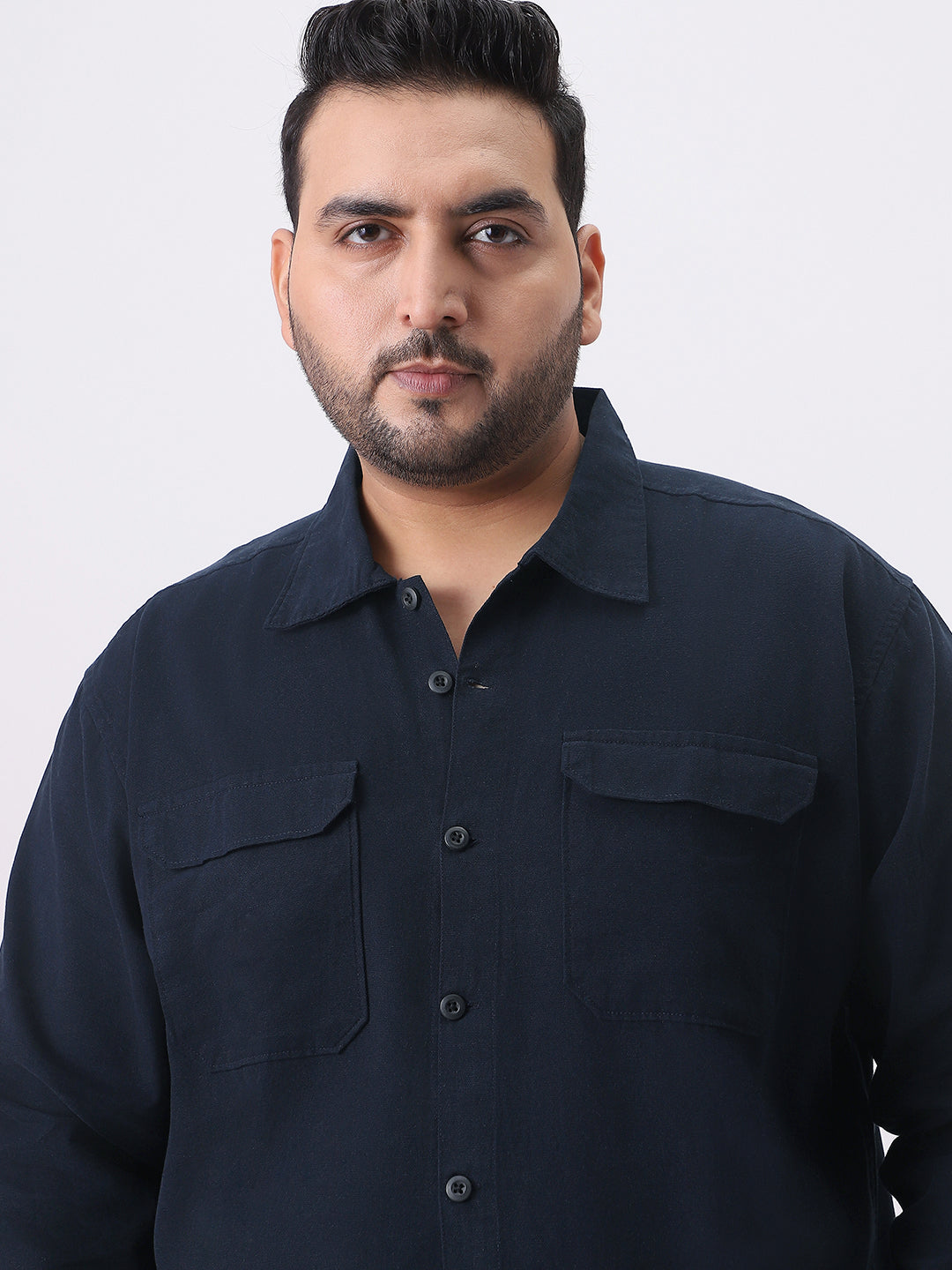 Plus Men's Navy Cotton Full Sleeve Relaxed Fit Shacket with Utility Pockets