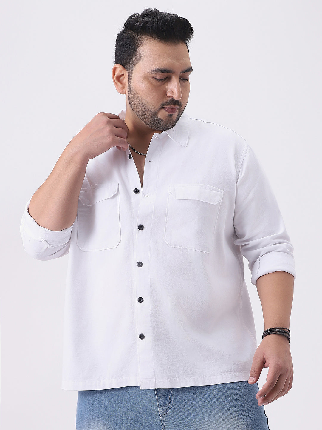 Plus Men's White Cotton Full Sleeve Relaxed Fit Shacket with Utility Pockets