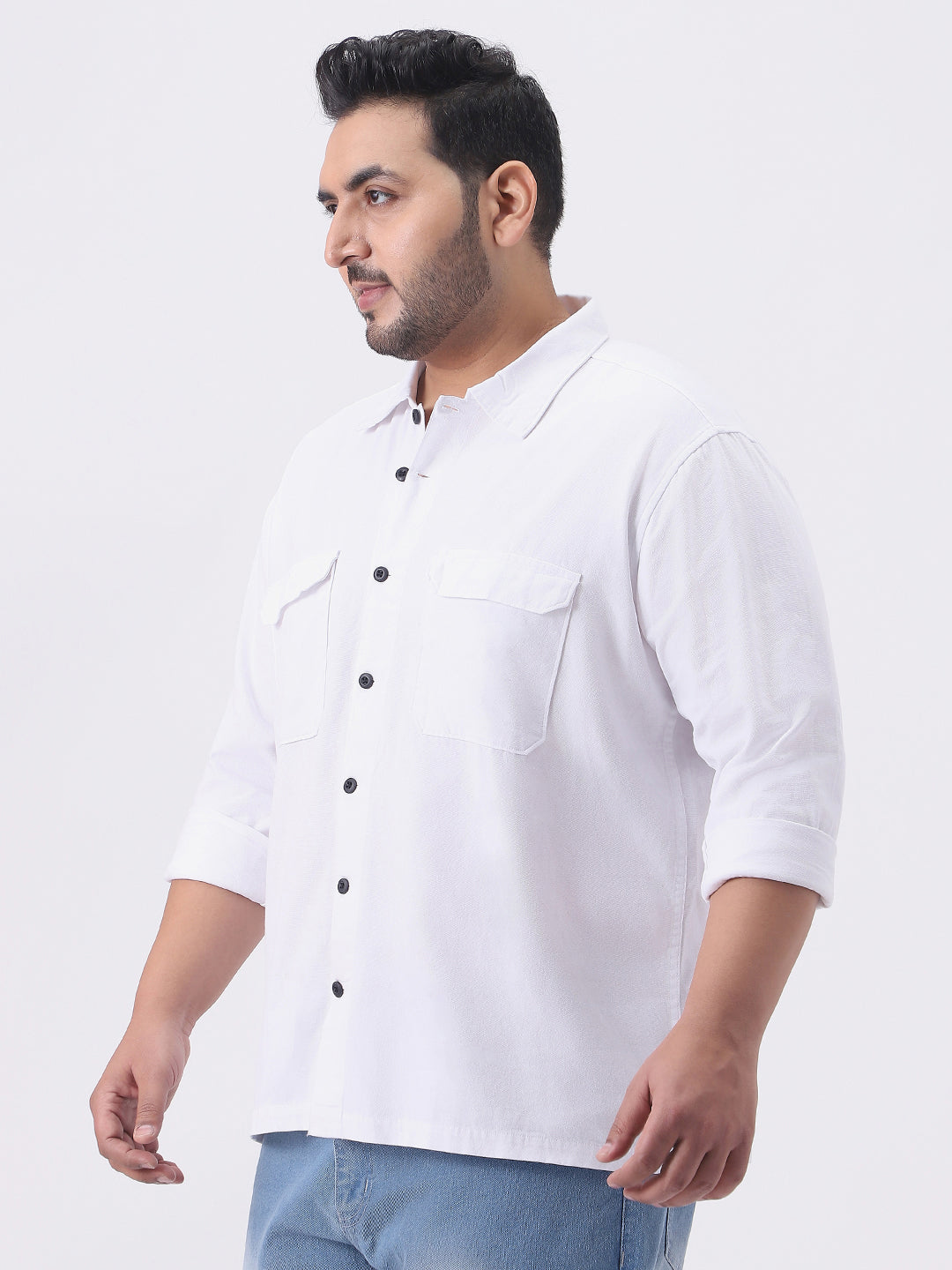 Plus Men's White Cotton Full Sleeve Relaxed Fit Shacket with Utility Pockets