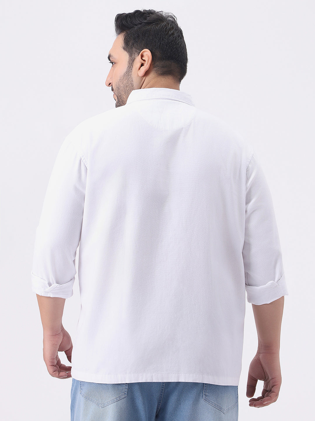 Plus Men's White Cotton Full Sleeve Relaxed Fit Shacket with Utility Pockets