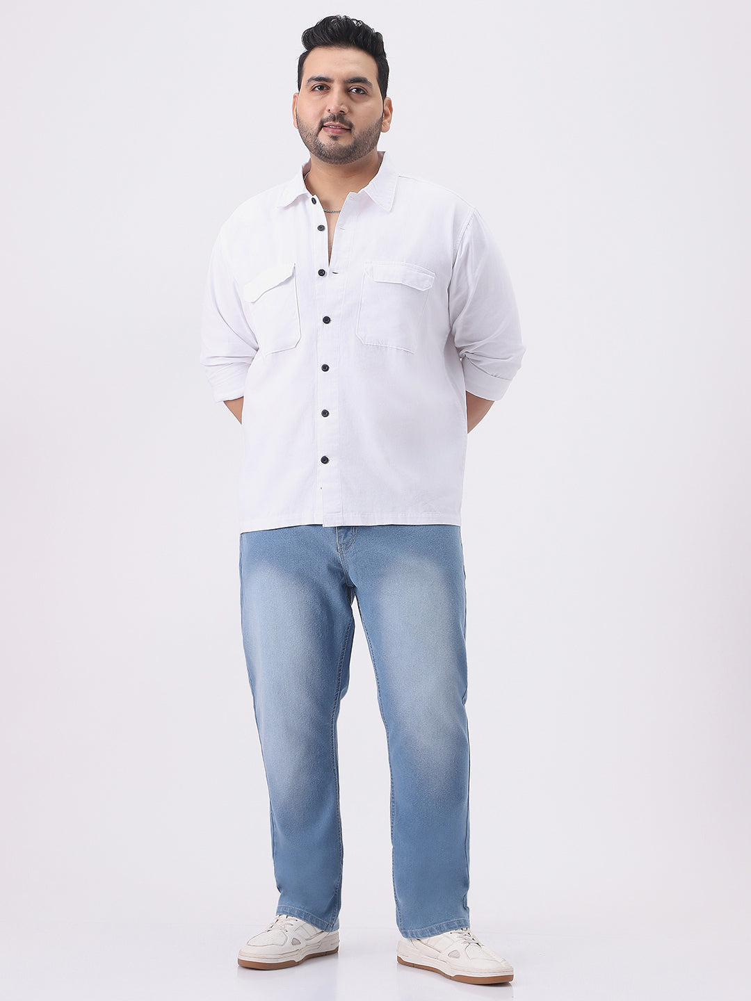 Plus Men's White Cotton Full Sleeve Relaxed Fit Shacket with Utility Pockets