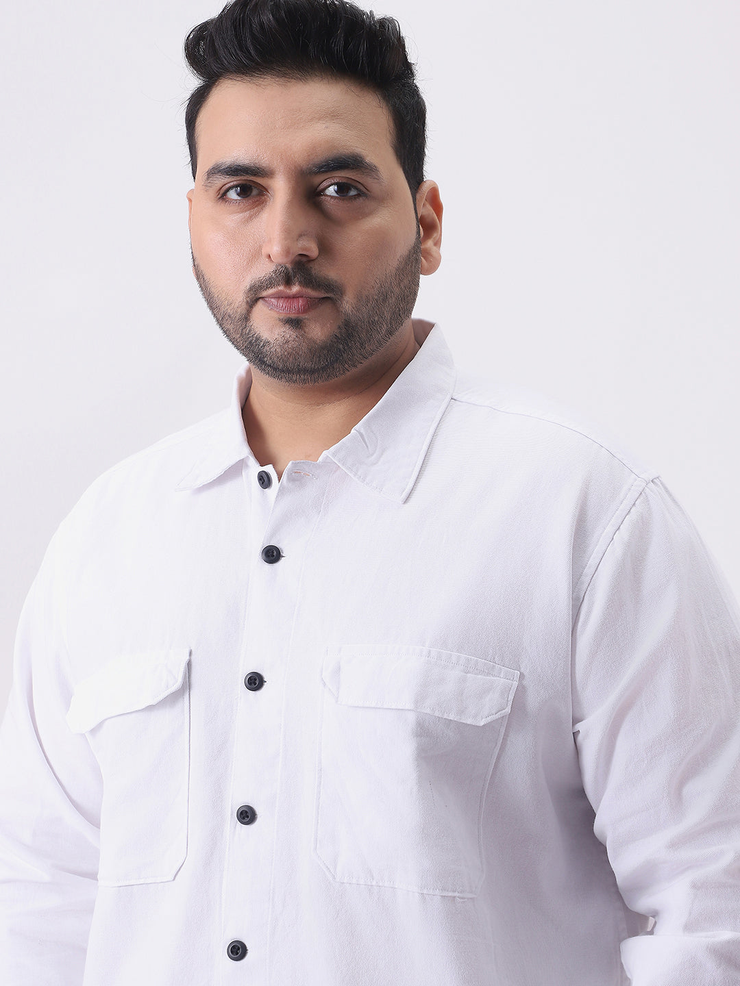 Plus Men's White Cotton Full Sleeve Relaxed Fit Shacket with Utility Pockets