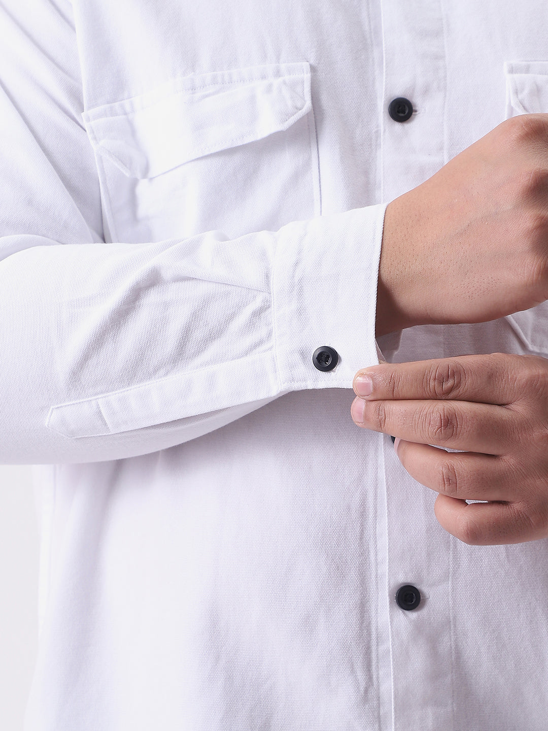 Plus Men's White Cotton Full Sleeve Relaxed Fit Shacket with Utility Pockets