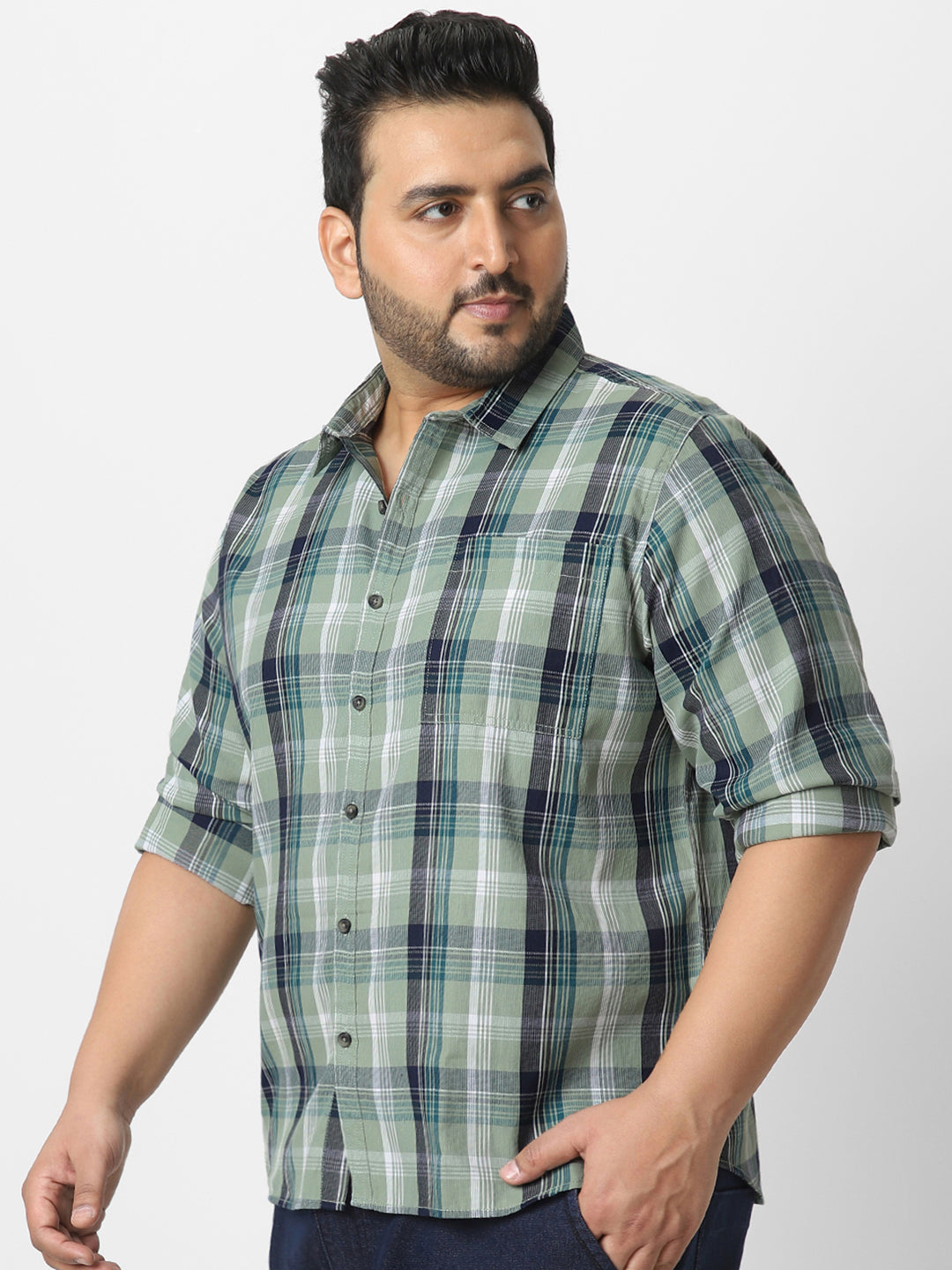 Plus Men's Green Cotton Full Sleeve Regular Fit Casual Checkered Shirt