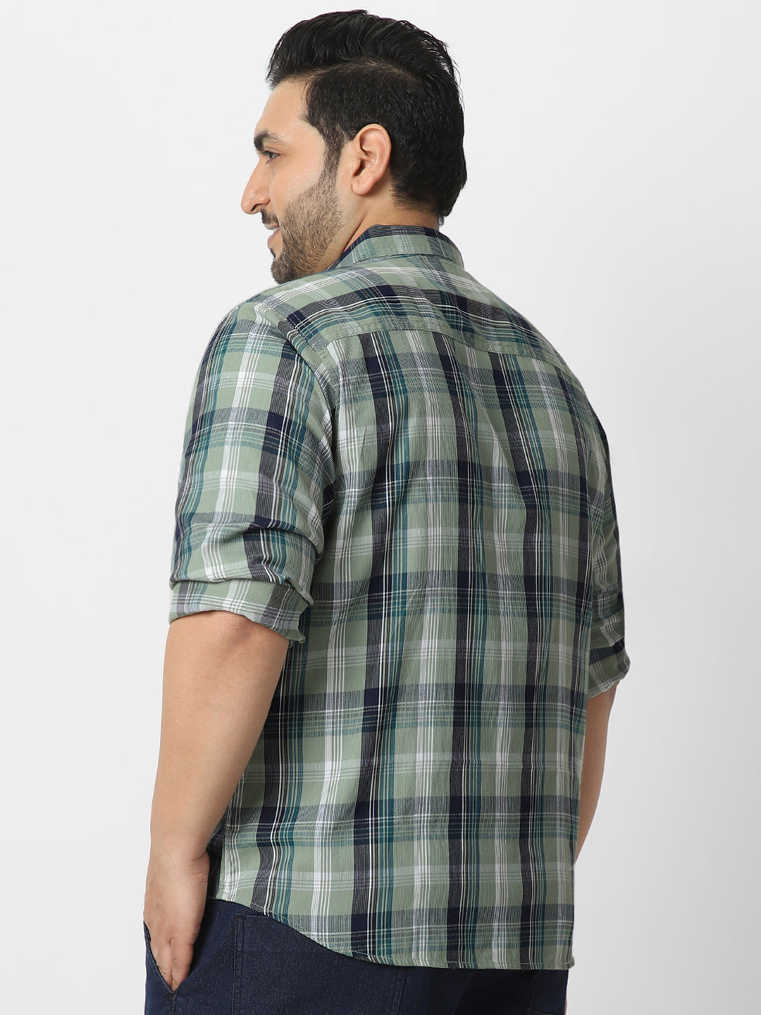 Plus Men's Green Cotton Full Sleeve Regular Fit Casual Checkered Shirt