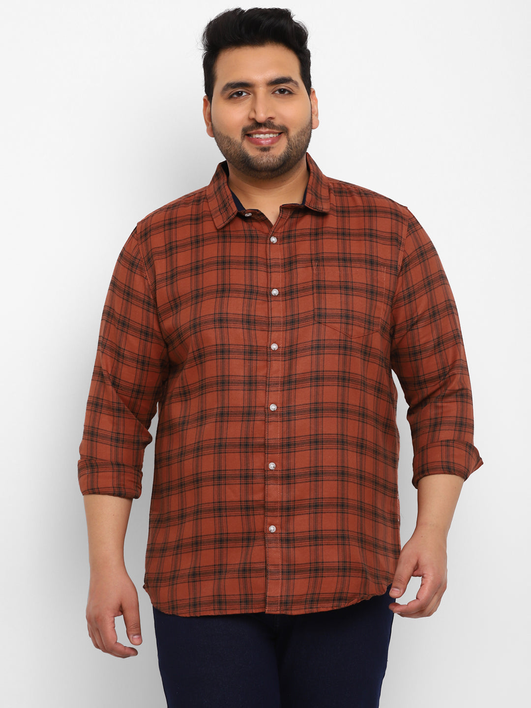 Plus Men's Orange Cotton Full Sleeve Regular Fit Casual Checkered Shirt