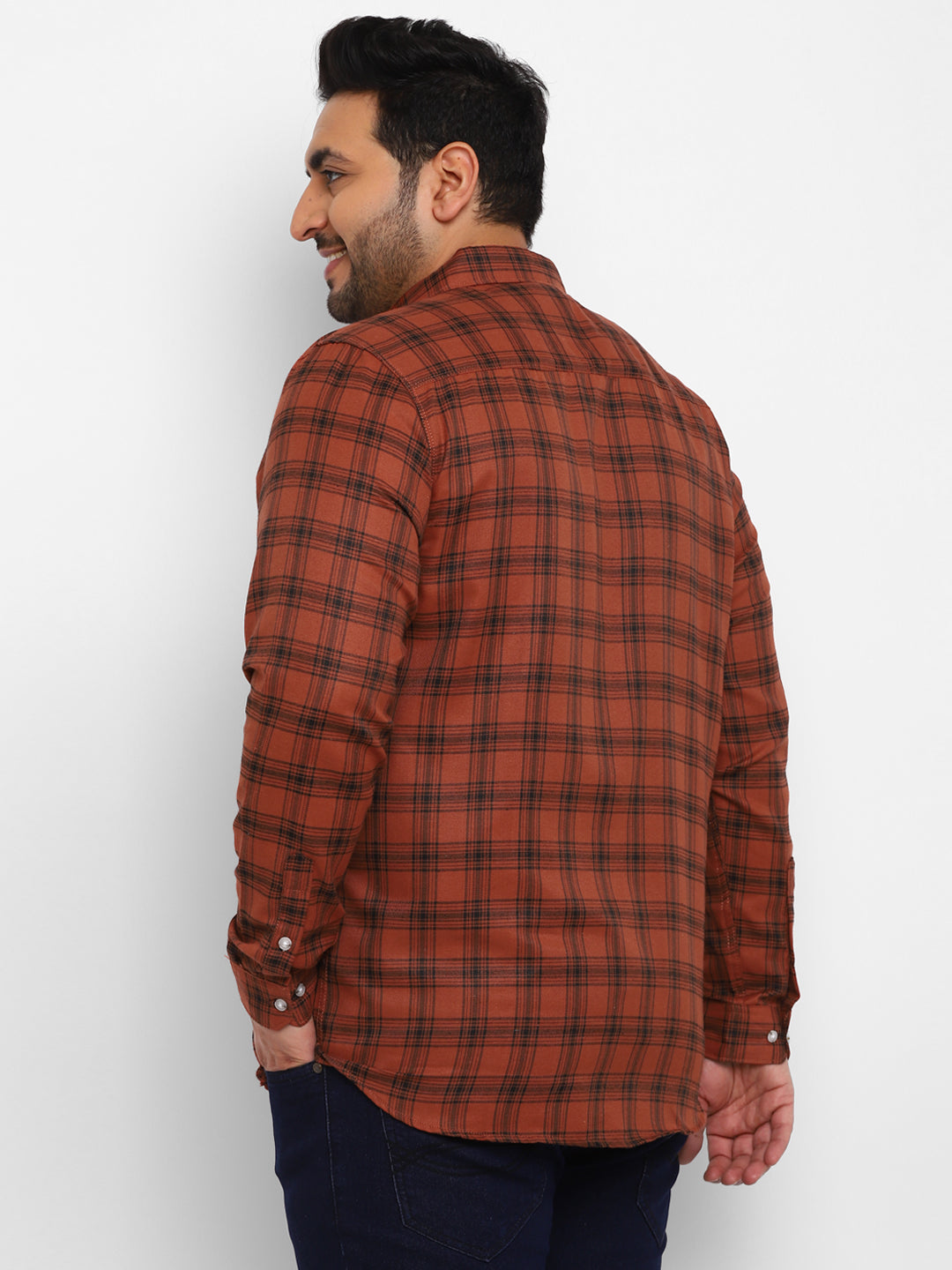 Plus Men's Orange Cotton Full Sleeve Regular Fit Casual Checkered Shirt