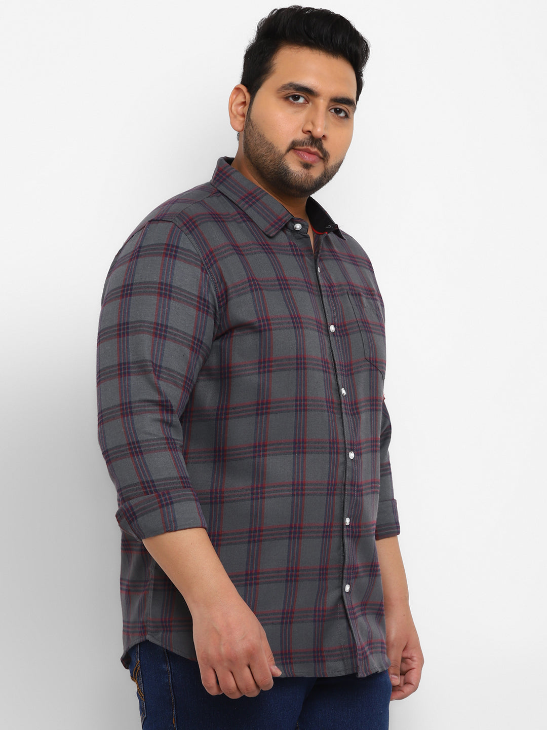 Plus Men's Grey Cotton Full Sleeve Regular Fit Casual Checkered Shirt