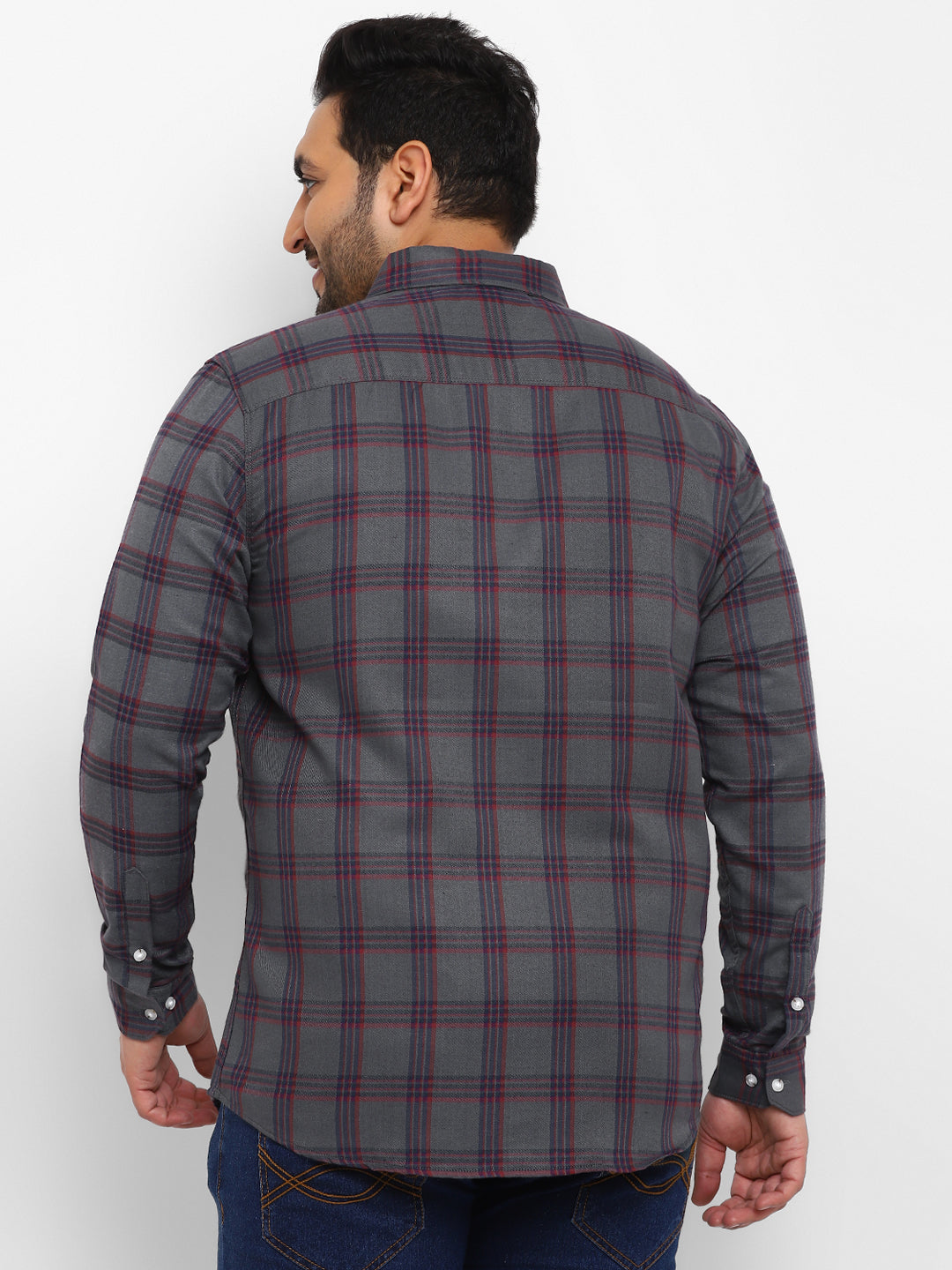 Plus Men's Grey Cotton Full Sleeve Regular Fit Casual Checkered Shirt