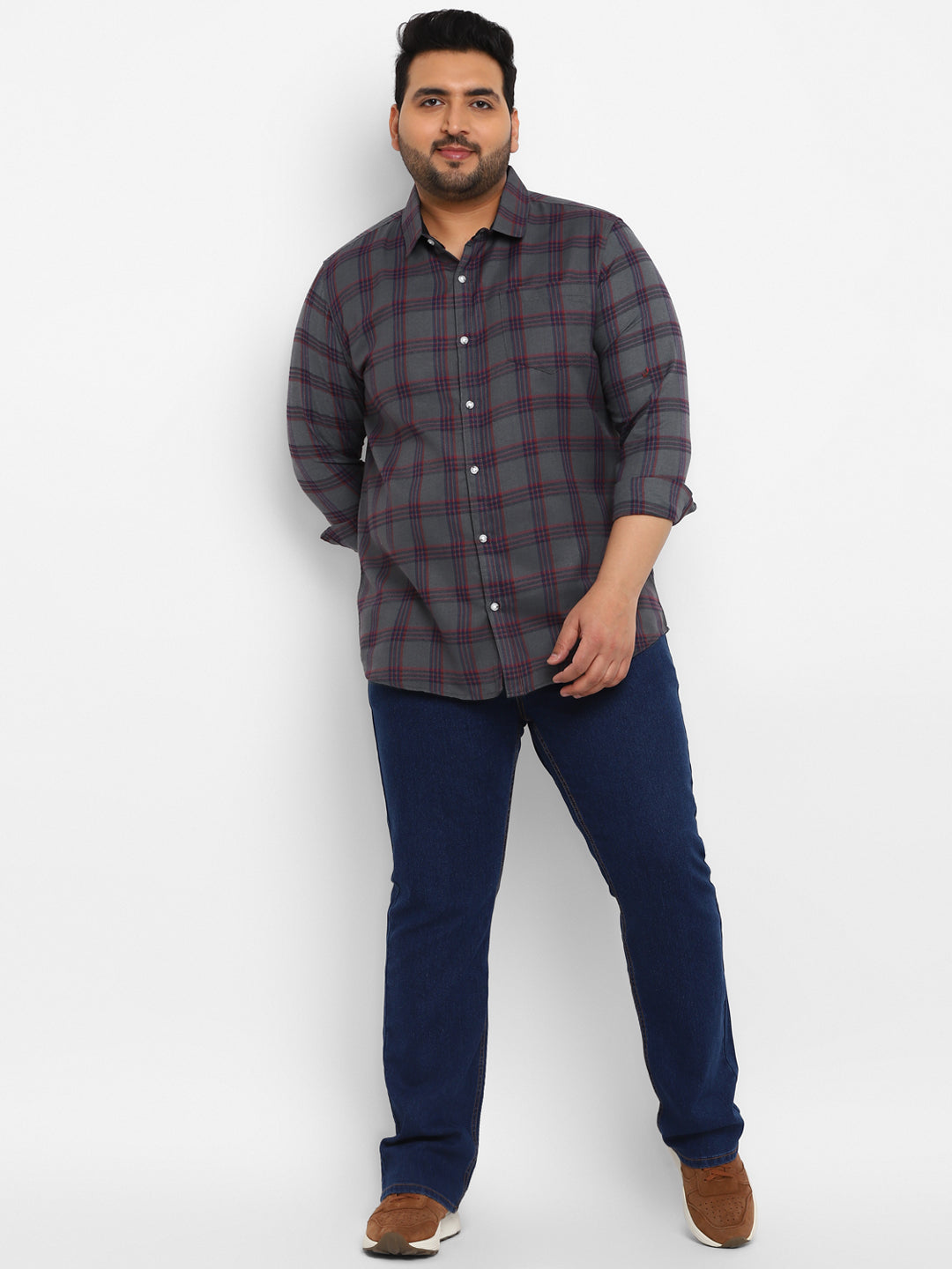 Plus Men's Grey Cotton Full Sleeve Regular Fit Casual Checkered Shirt