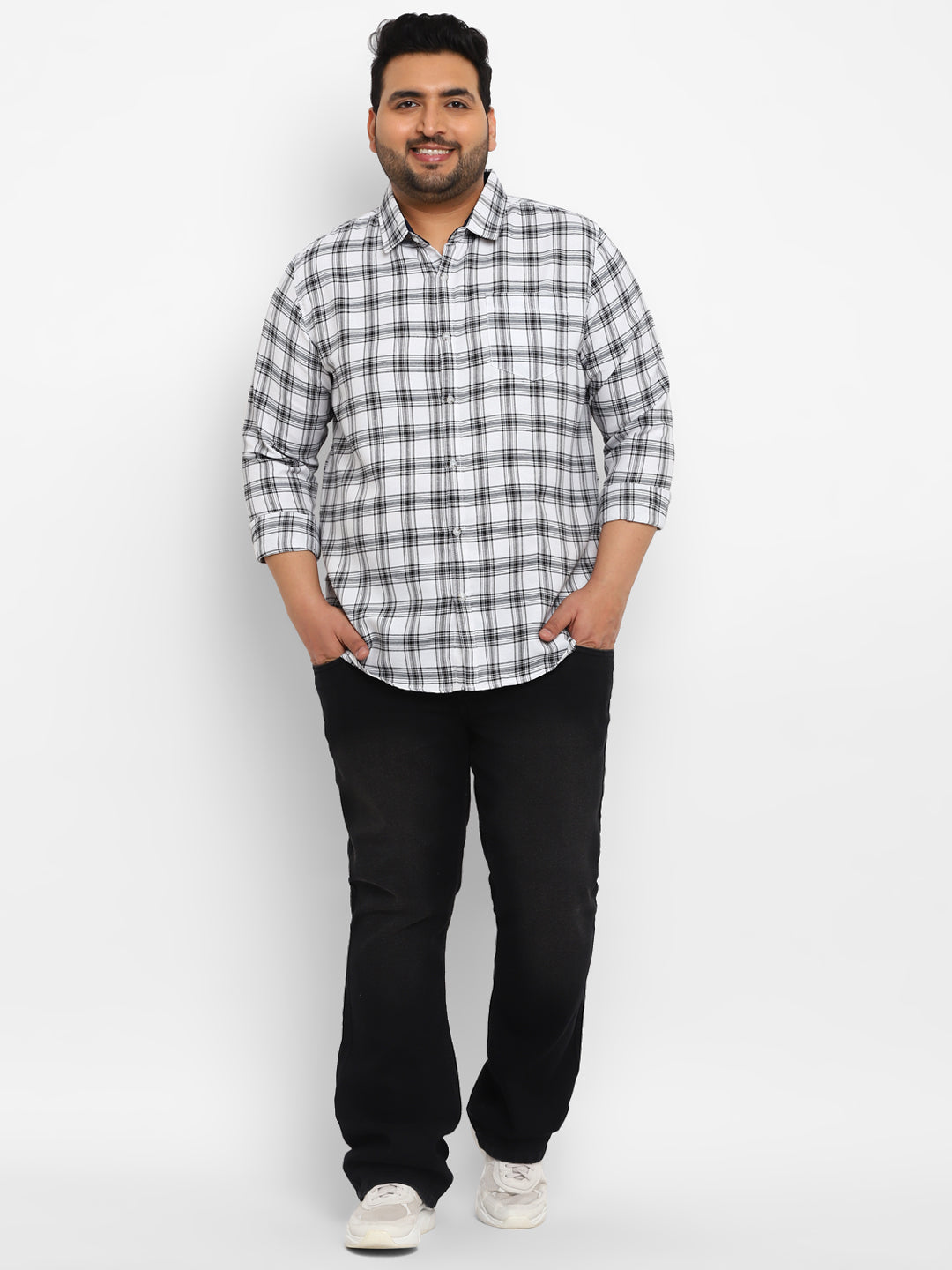 Plus Men's White Cotton Full Sleeve Regular Fit Casual Checkered Shirt