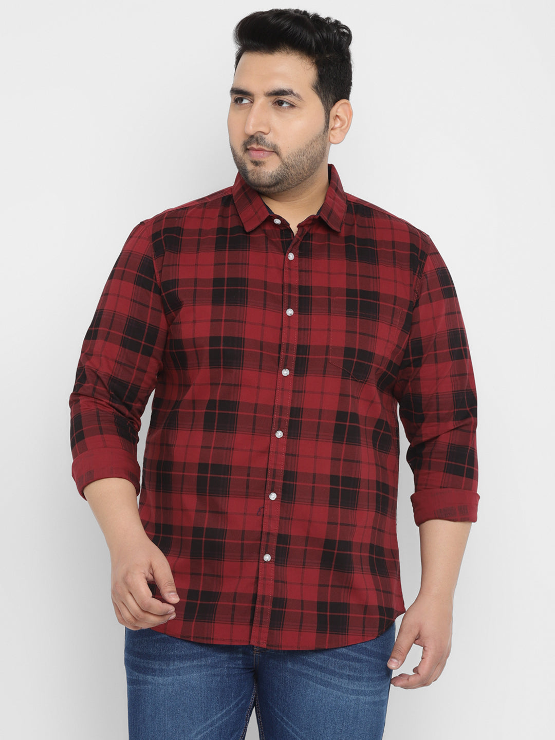 Plus Men's Red Cotton Full Sleeve Regular Fit Casual Checkered Shirt