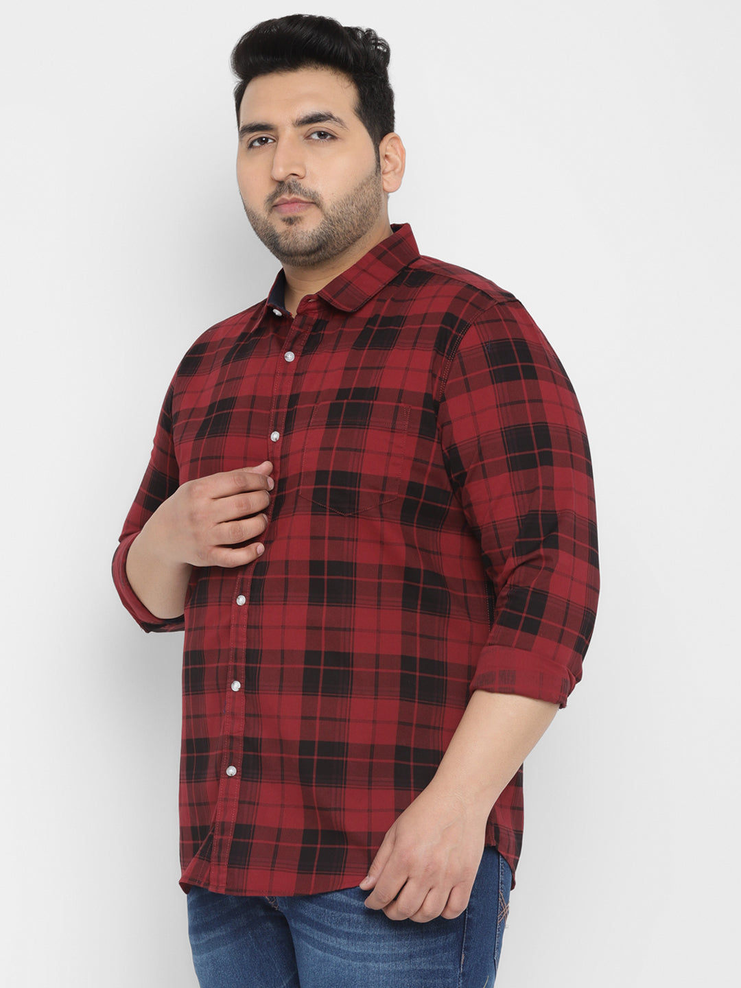 Plus Men's Red Cotton Full Sleeve Regular Fit Casual Checkered Shirt