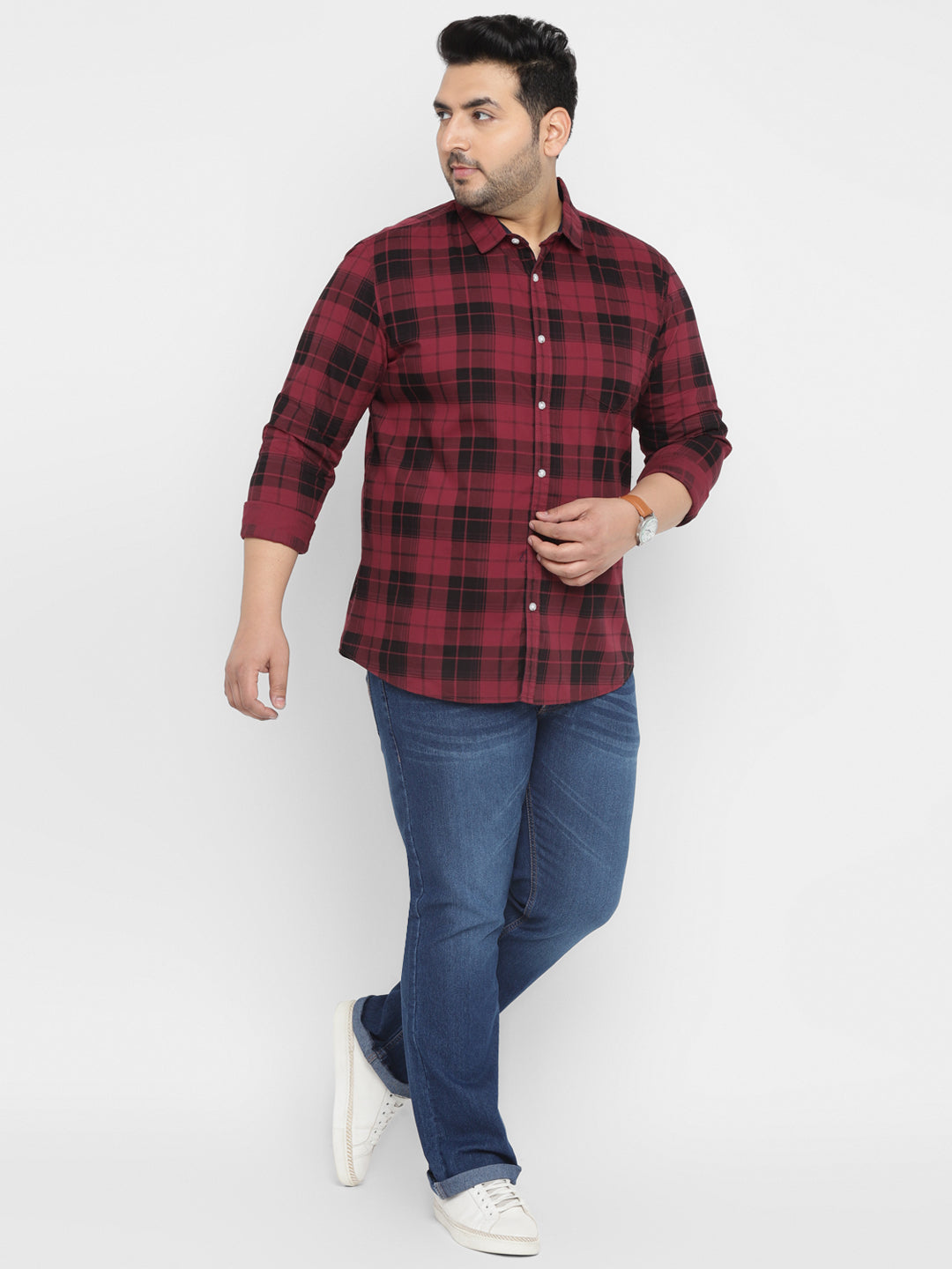 Plus Men's Red Cotton Full Sleeve Regular Fit Casual Checkered Shirt