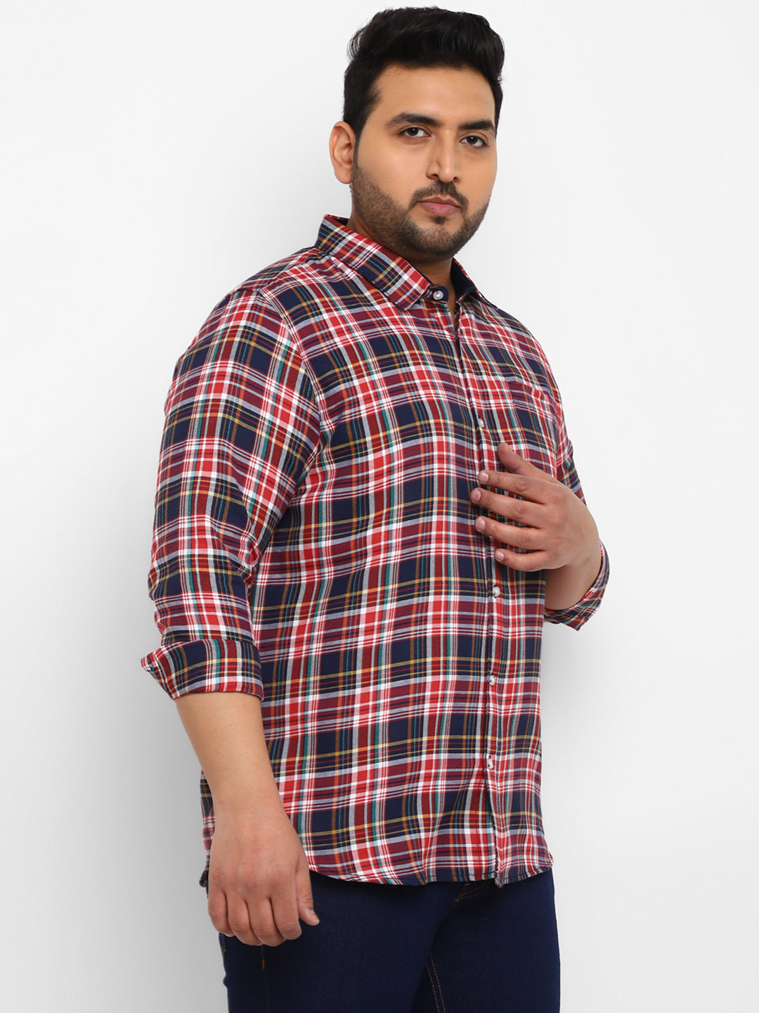 Plus Men's Red Cotton Full Sleeve Regular Fit Casual Checkered Shirt