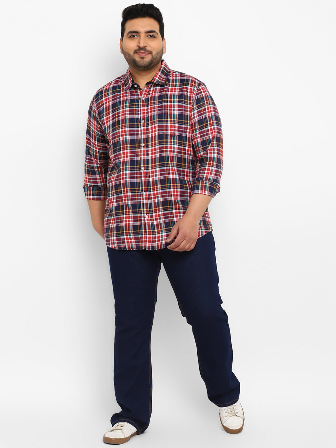 Plus Men's Red Cotton Full Sleeve Regular Fit Casual Checkered Shirt