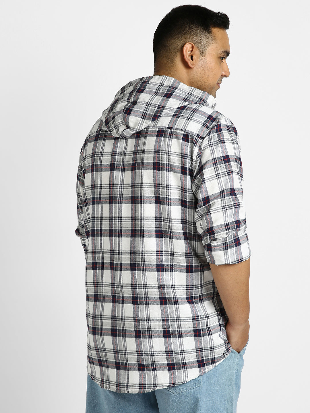 Plus Men's White Cotton Full Sleeve Regular Fit Casual Checkered Shirt with Hooded Neck