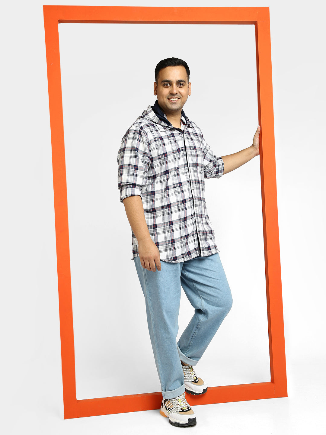 Plus Men's White Cotton Full Sleeve Regular Fit Casual Checkered Shirt with Hooded Neck