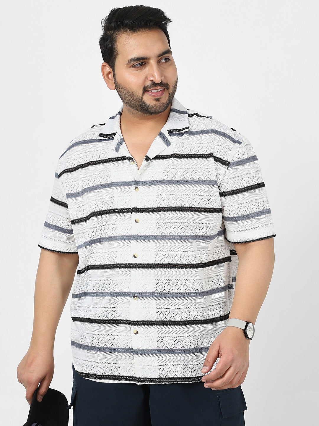 Men's White, Blue Cotton Half Sleeve Oversized Fit Textured Crochet Shirt with Cuban Collar