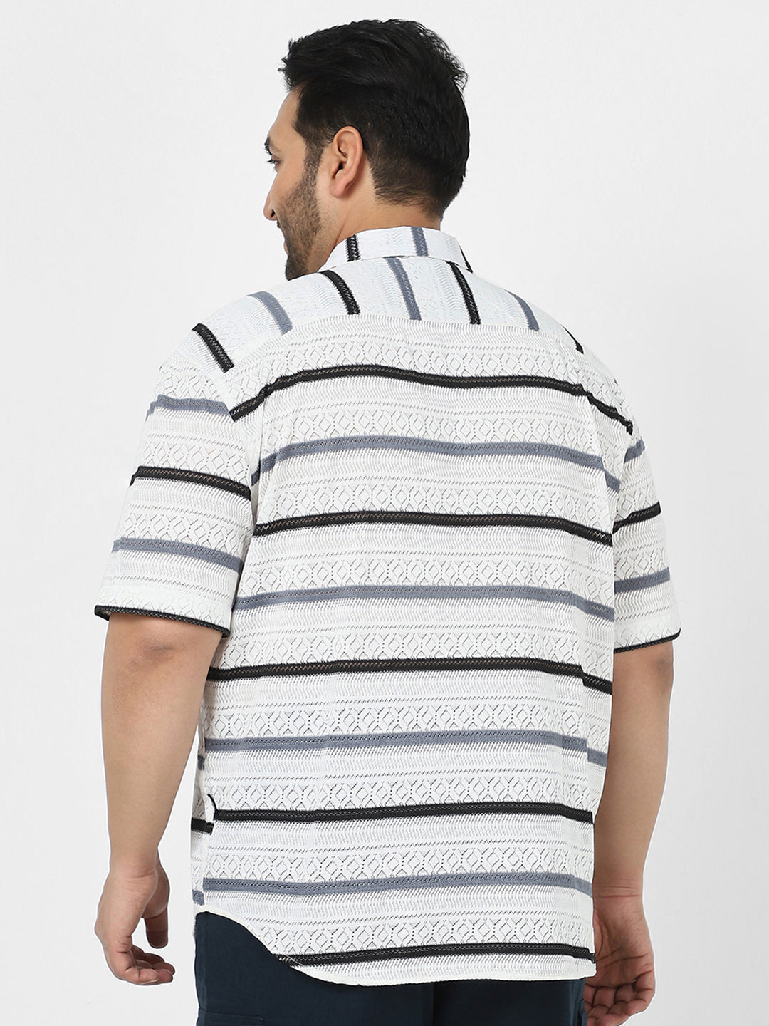 Men's White, Blue Cotton Half Sleeve Oversized Fit Textured Crochet Shirt with Cuban Collar