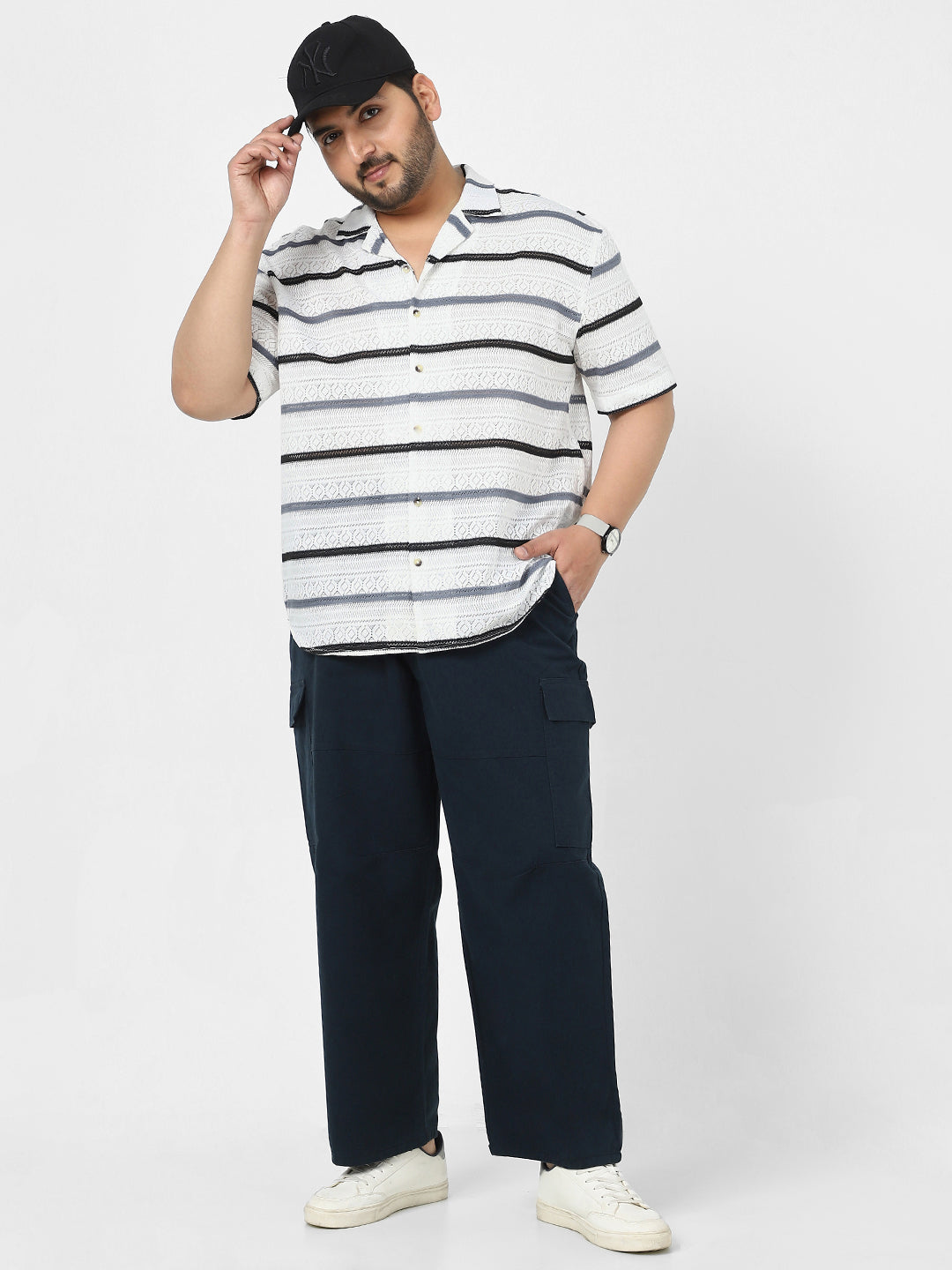 Men's White, Blue Cotton Half Sleeve Oversized Fit Textured Crochet Shirt with Cuban Collar