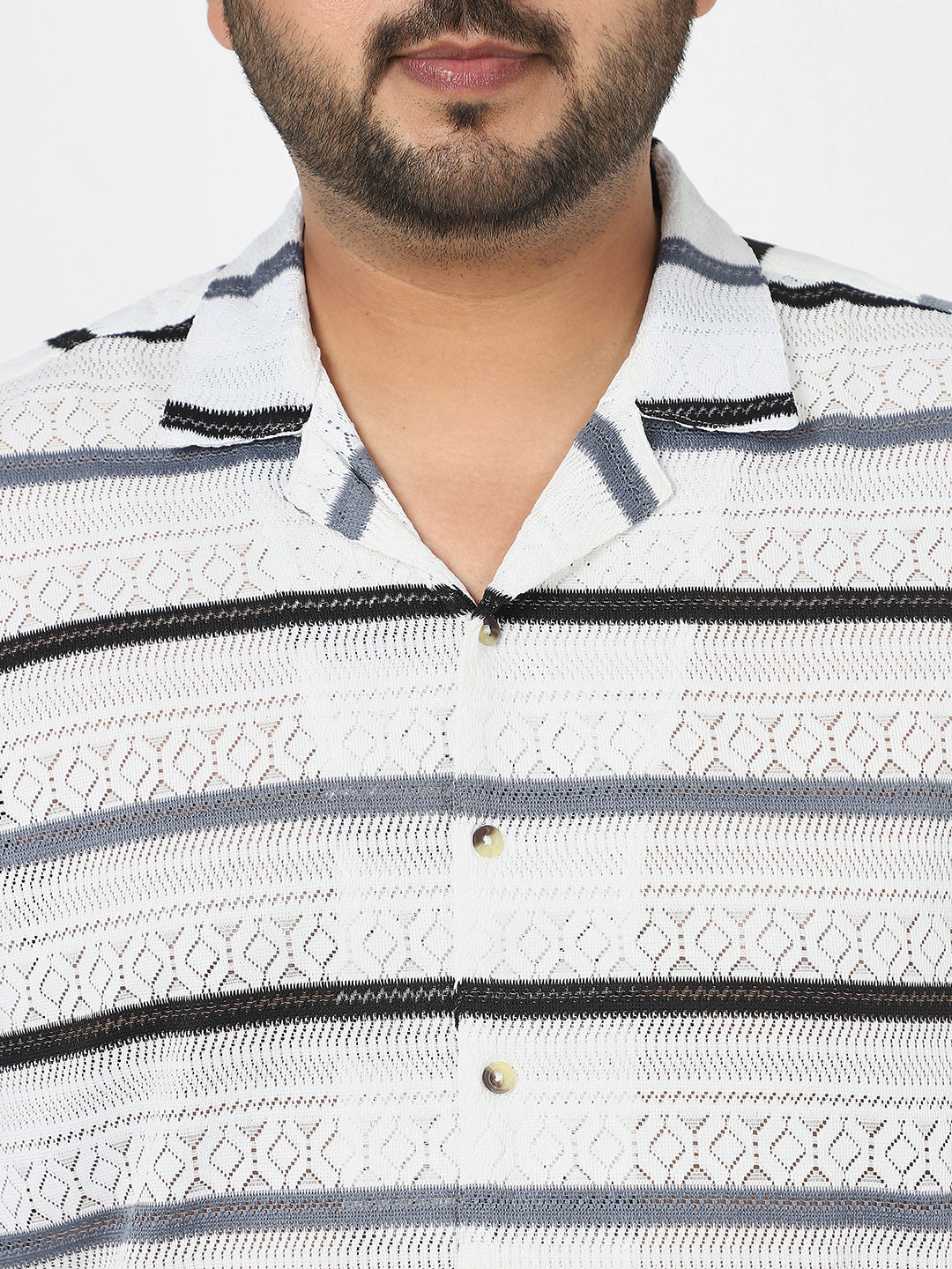 Men's White, Blue Cotton Half Sleeve Oversized Fit Textured Crochet Shirt with Cuban Collar