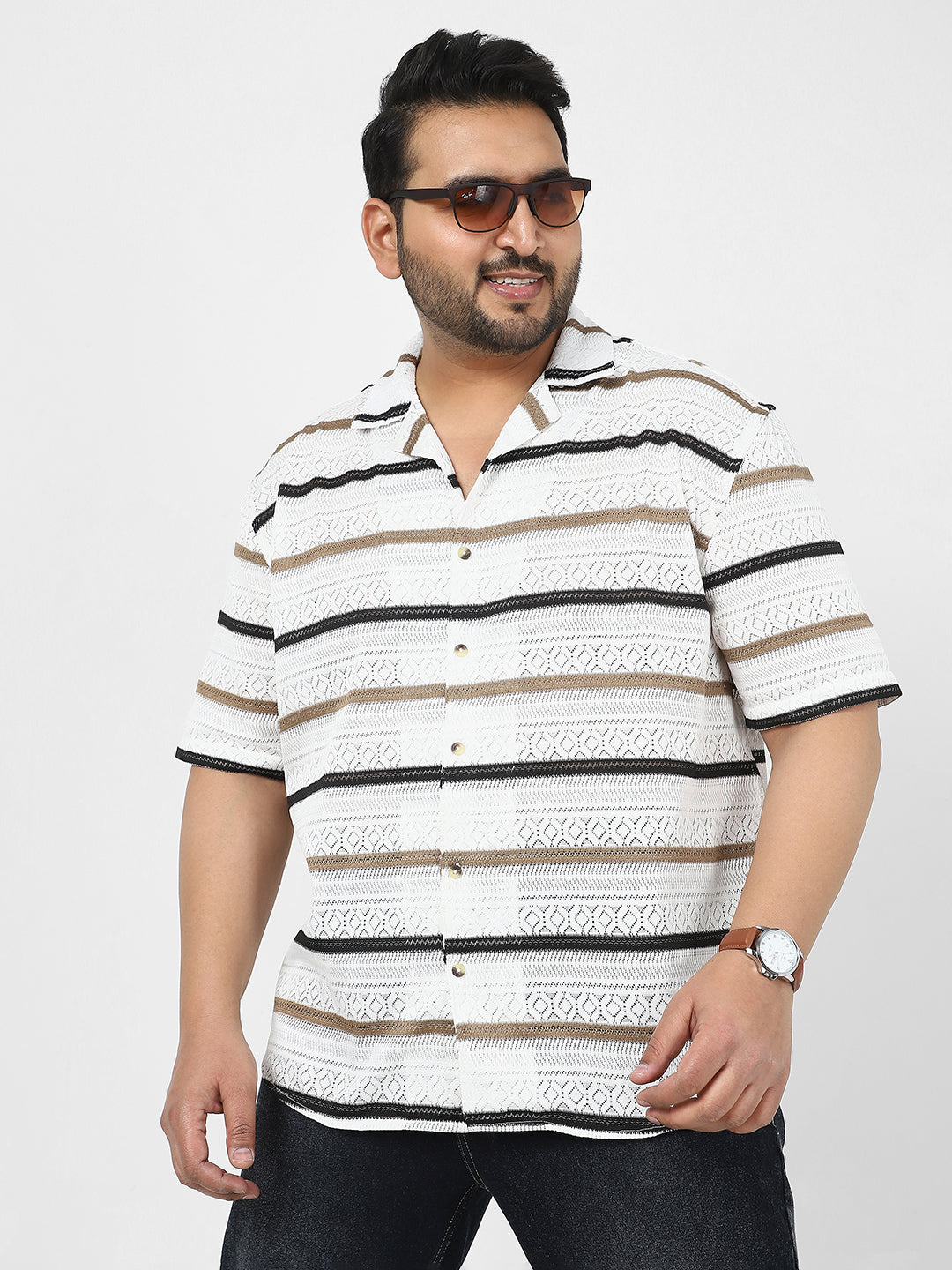 Men's White, Brown Cotton Half Sleeve Oversized Fit Textured Crochet Shirt with Cuban Collar
