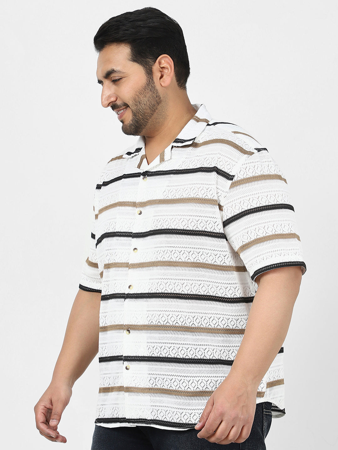 Men's White, Brown Cotton Half Sleeve Oversized Fit Textured Crochet Shirt with Cuban Collar