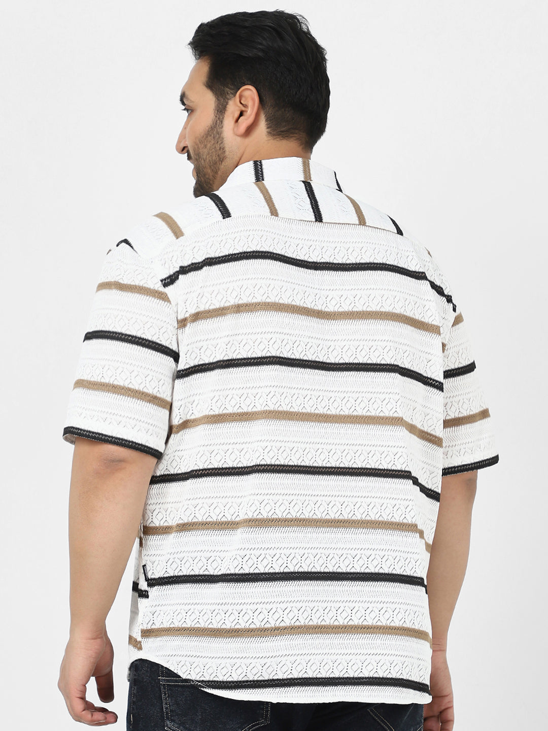 Men's White, Brown Cotton Half Sleeve Oversized Fit Textured Crochet Shirt with Cuban Collar