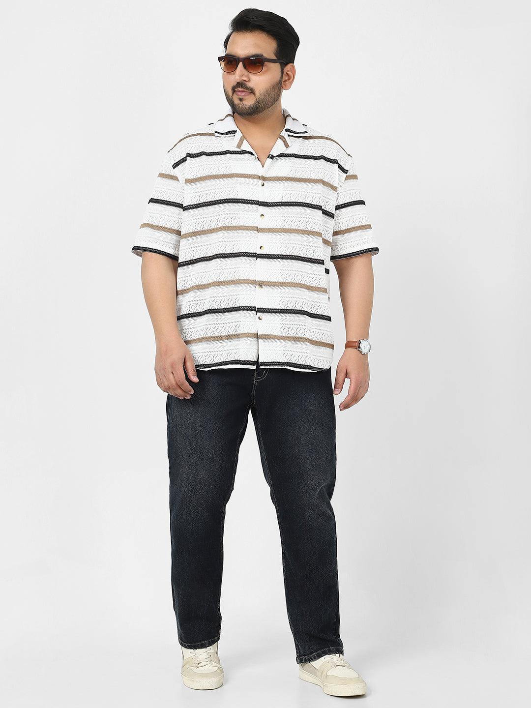 Men's White, Brown Cotton Half Sleeve Oversized Fit Textured Crochet Shirt with Cuban Collar