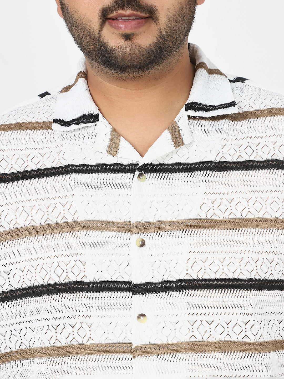 Men's White, Brown Cotton Half Sleeve Oversized Fit Textured Crochet Shirt with Cuban Collar