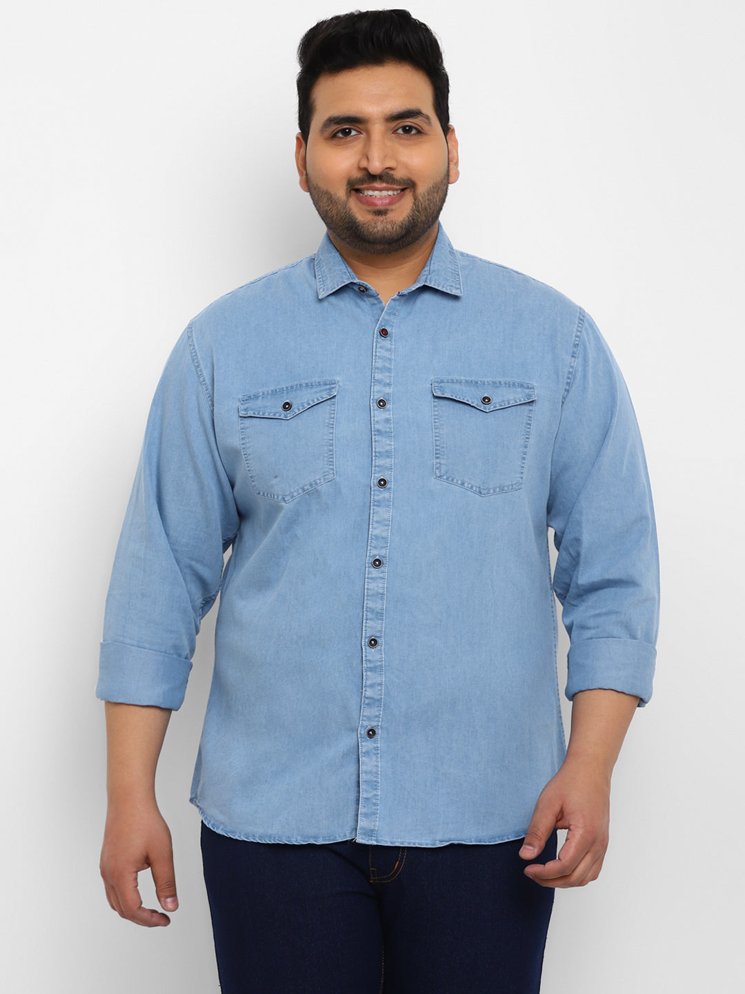 Plus Men's Light Blue Full Sleeve Regular Fit Casual Denim Shirt