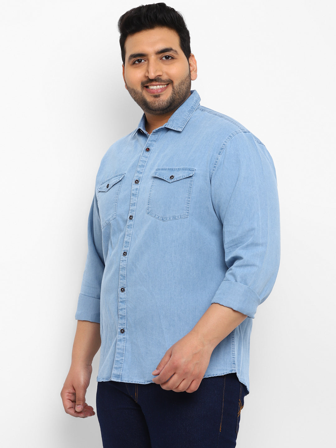 Plus Men's Light Blue Full Sleeve Regular Fit Casual Denim Shirt