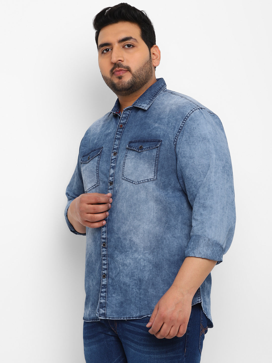 Plus Men's Blue Full Sleeve Regular Fit Casual Denim Shirt