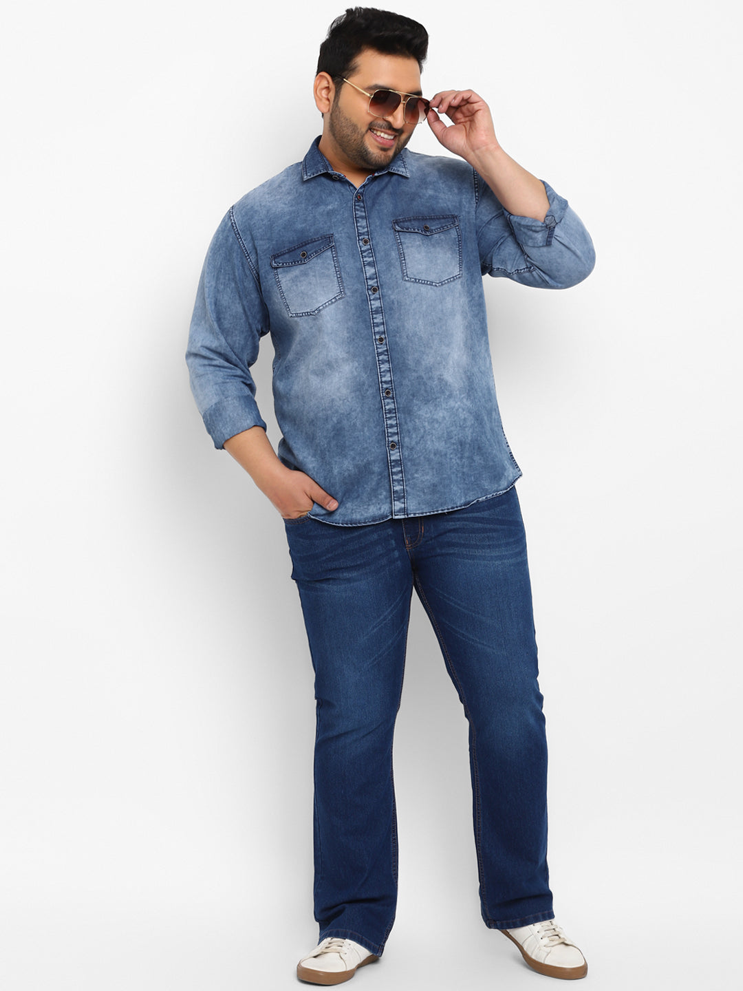 Plus Men's Blue Full Sleeve Regular Fit Casual Denim Shirt
