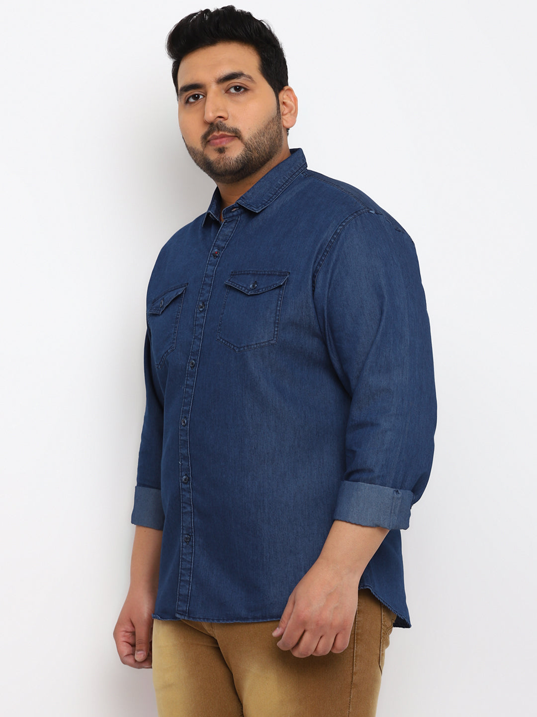 Plus Men's Navy Blue Full Sleeve Regular Fit Casual Denim Shirt