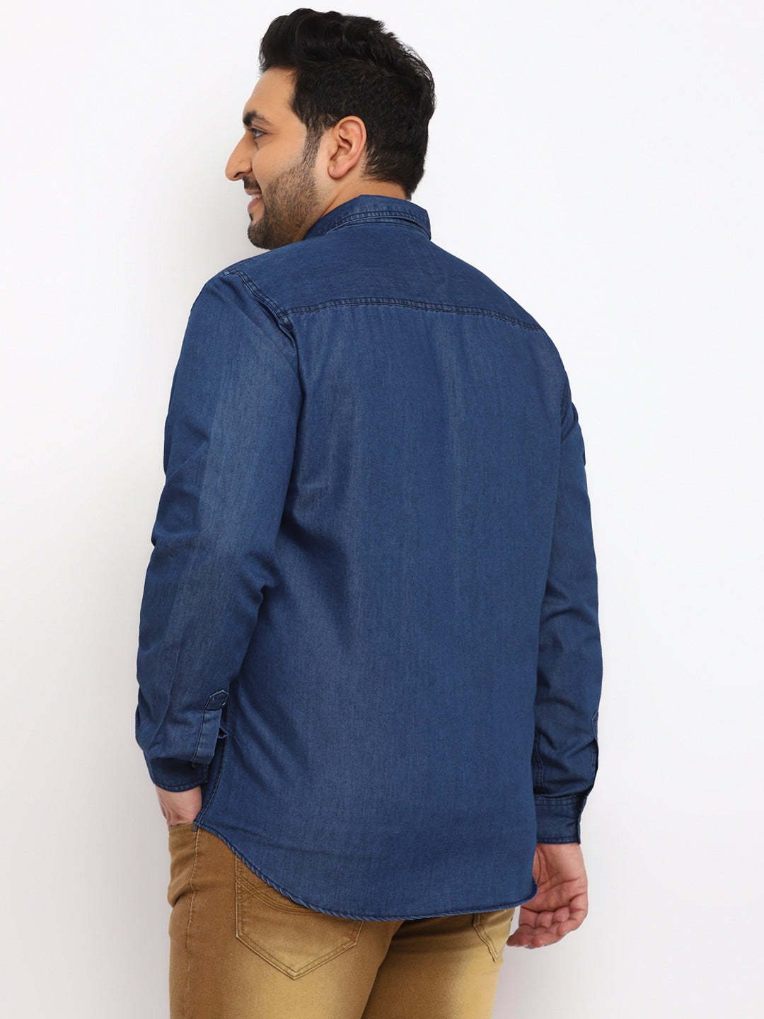 Plus Men's Navy Blue Full Sleeve Regular Fit Casual Denim Shirt