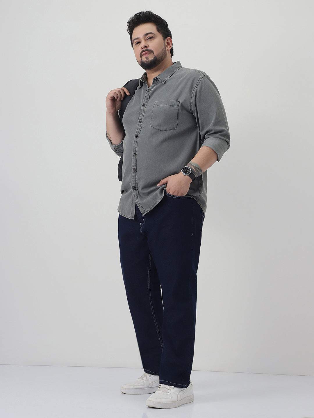 Plus Men's Light Grey Regular Fit Full Sleeve Solid Denim Shirt